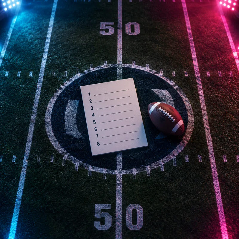 Overhead view of a floodlit football field with a printed draft-order card on the turf